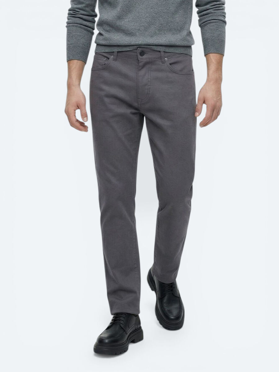 Gri Düz Dokuma Slim Fit Casual Pamuk Karışımlı Pantolon - 2