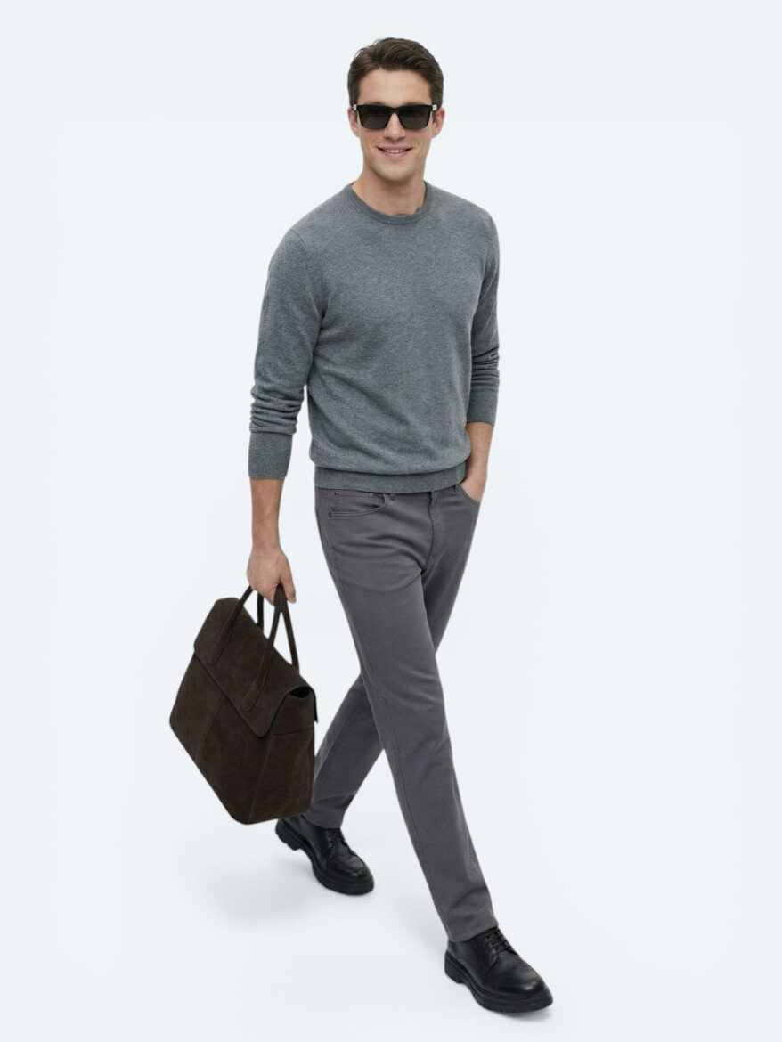 Gri Düz Dokuma Slim Fit Casual Pamuk Karışımlı Pantolon - 3