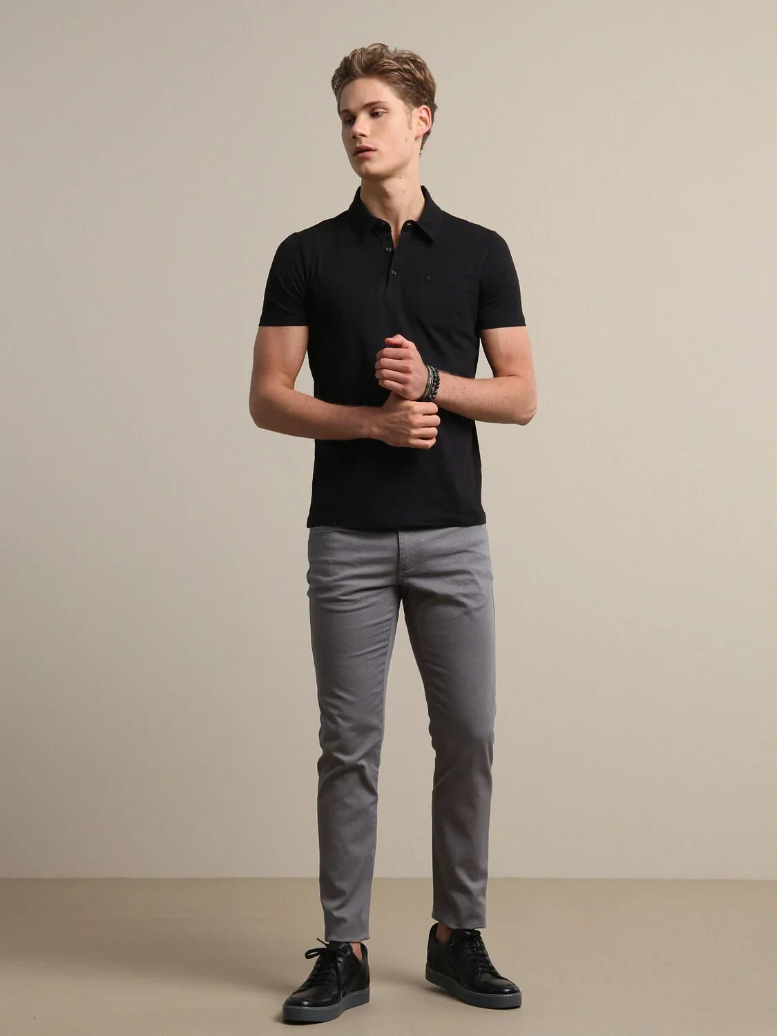 Gri Düz Dokuma Slim Fit Casual Pamuk Karışımlı Pantolon - 2