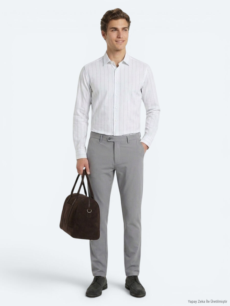 Gri Dokuma Slim Fit Casual Pantolon - 2
