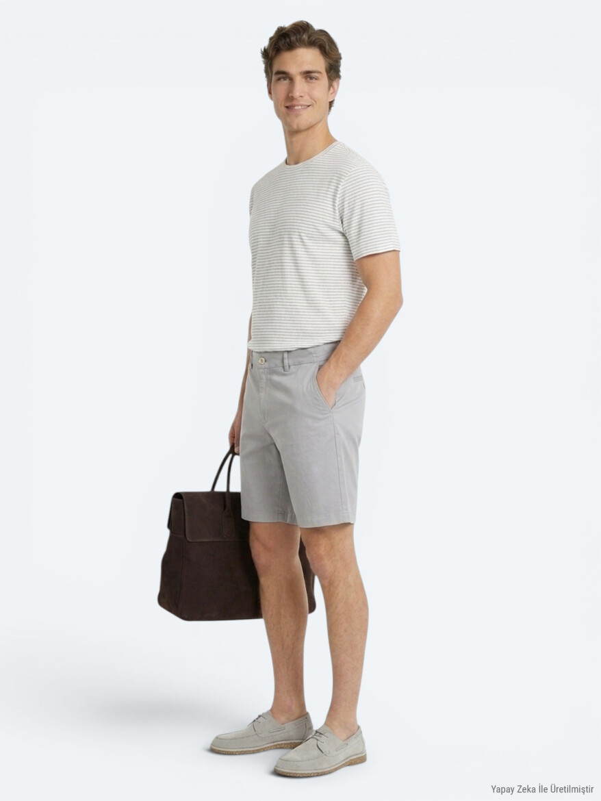 Gri Düz Kumaş Jogging Fit Casual Bermuda - 3