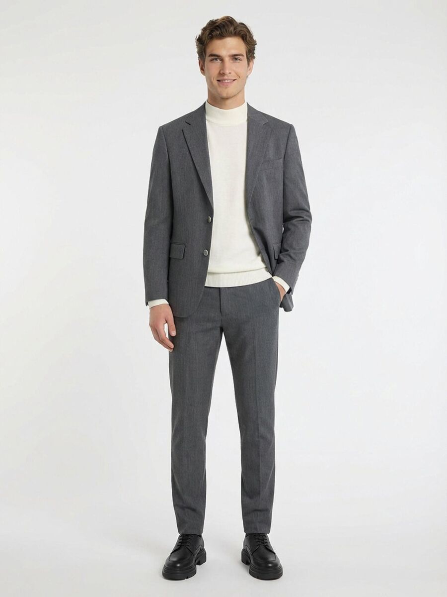 Gri Düz Modern Fit %100 Yün Takım Elbise - 3