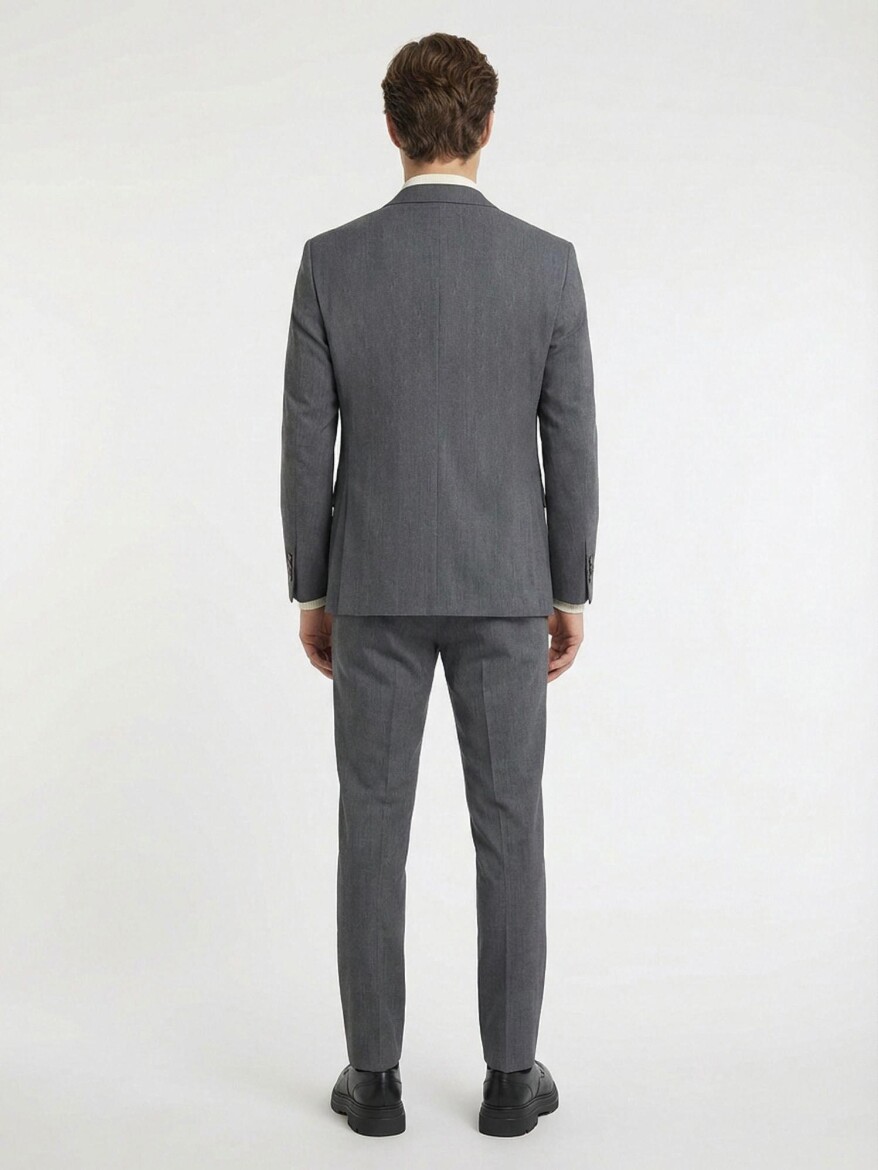Gri Düz Modern Fit %100 Yün Takım Elbise - 5