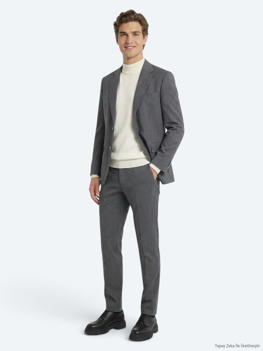 Gri Düz Modern Fit %100 Yün Takım Elbise - KİP