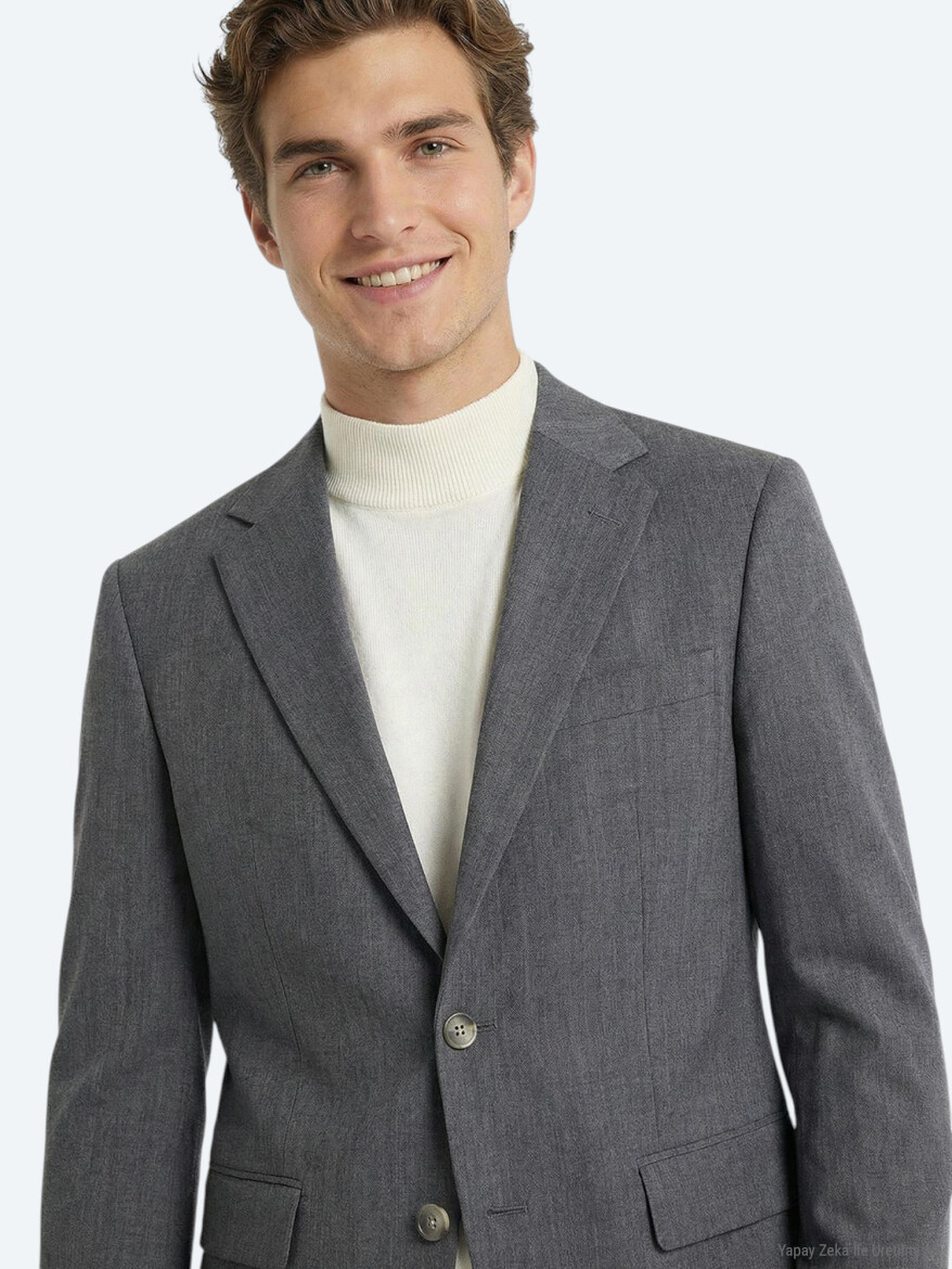 Gri Düz Modern Fit %100 Yün Takım Elbise - KİP