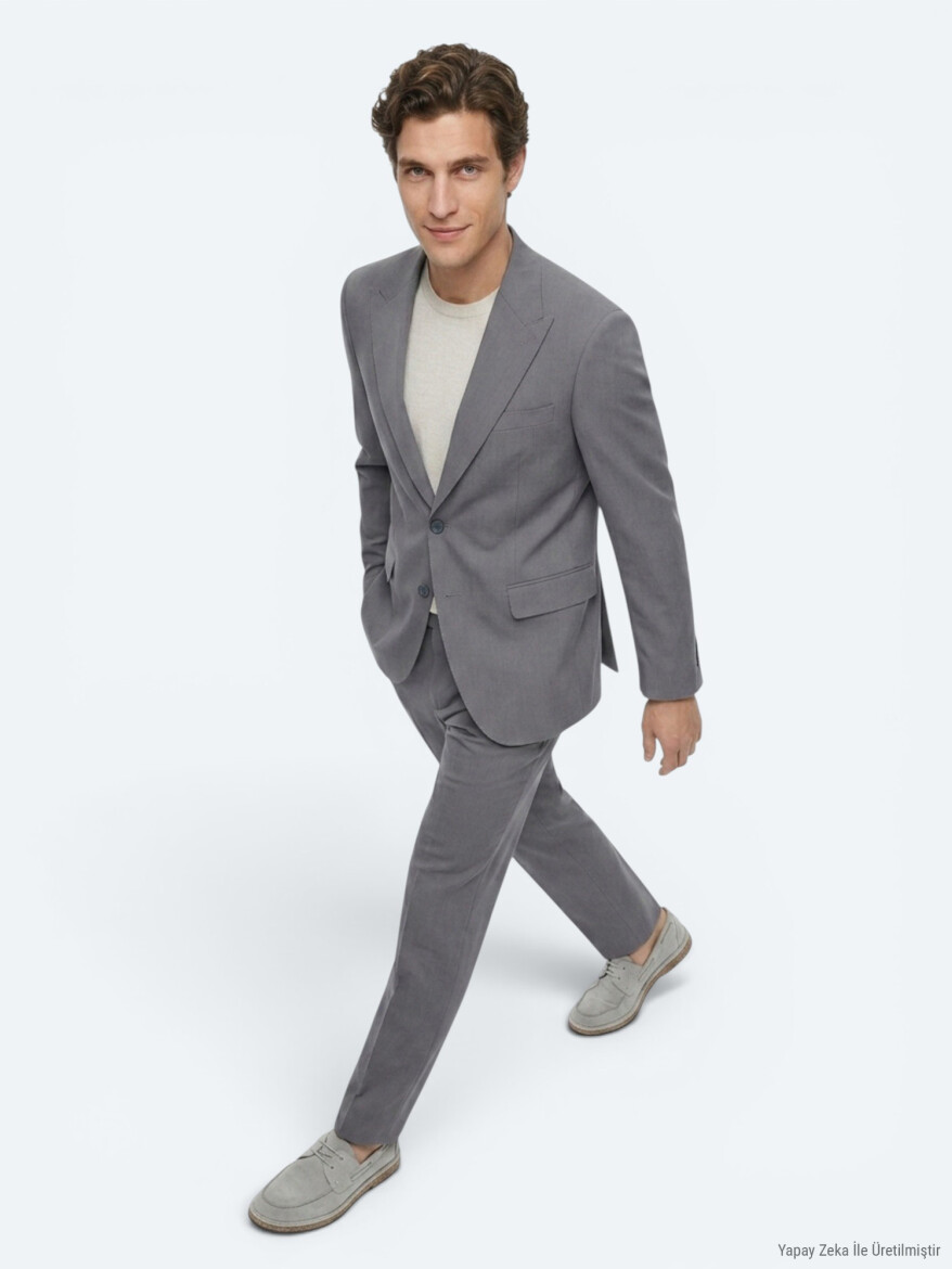 Gri Düz Modern Fit Takım Elbise - KİP