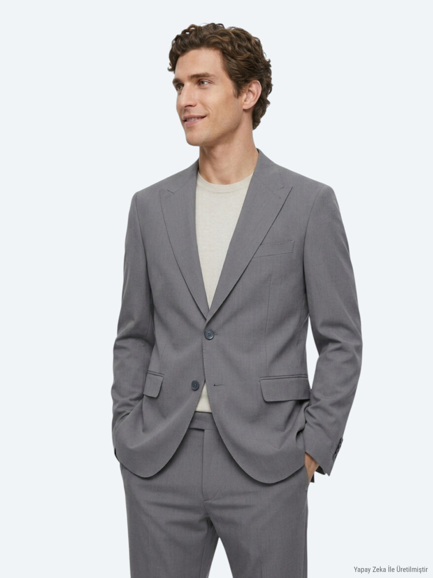 Gri Düz Modern Fit Takım Elbise - 3