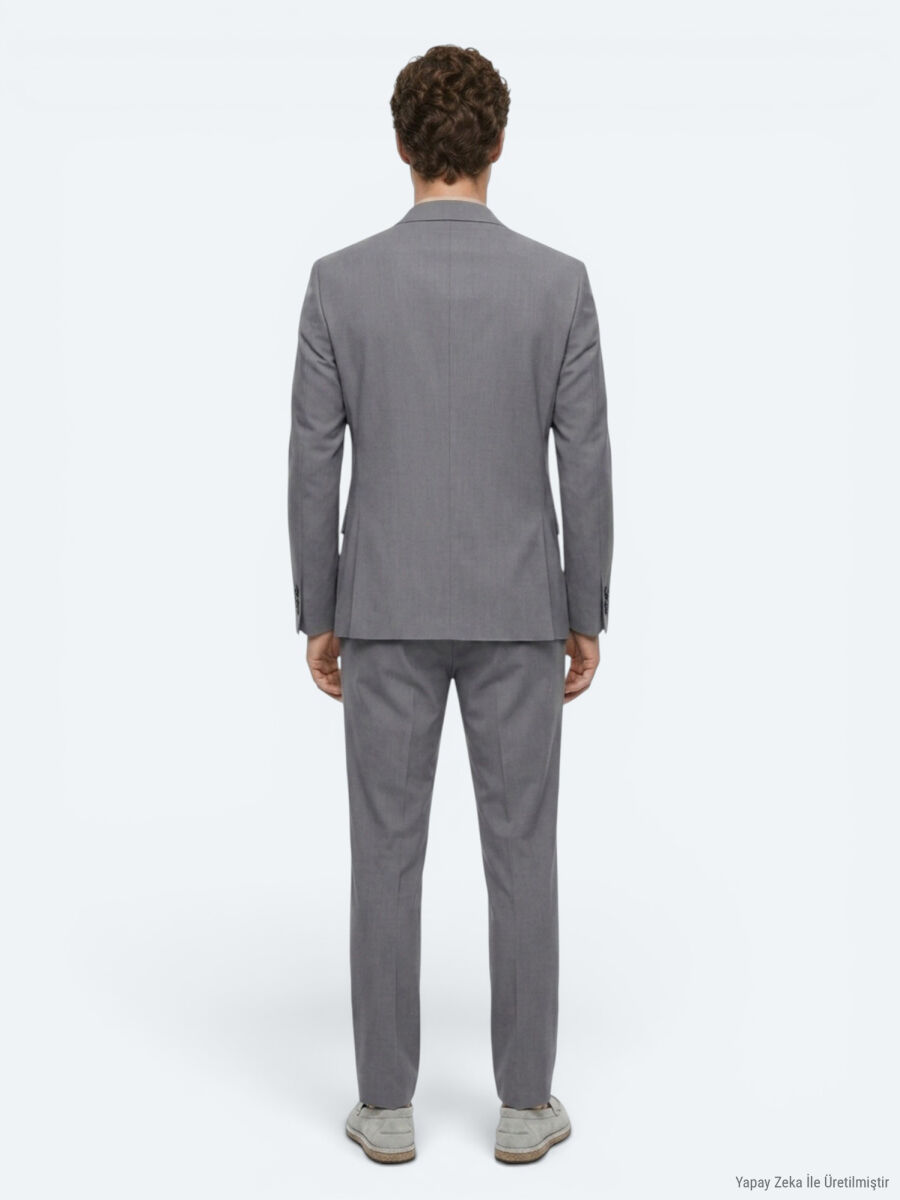 Gri Düz Modern Fit Takım Elbise - 5