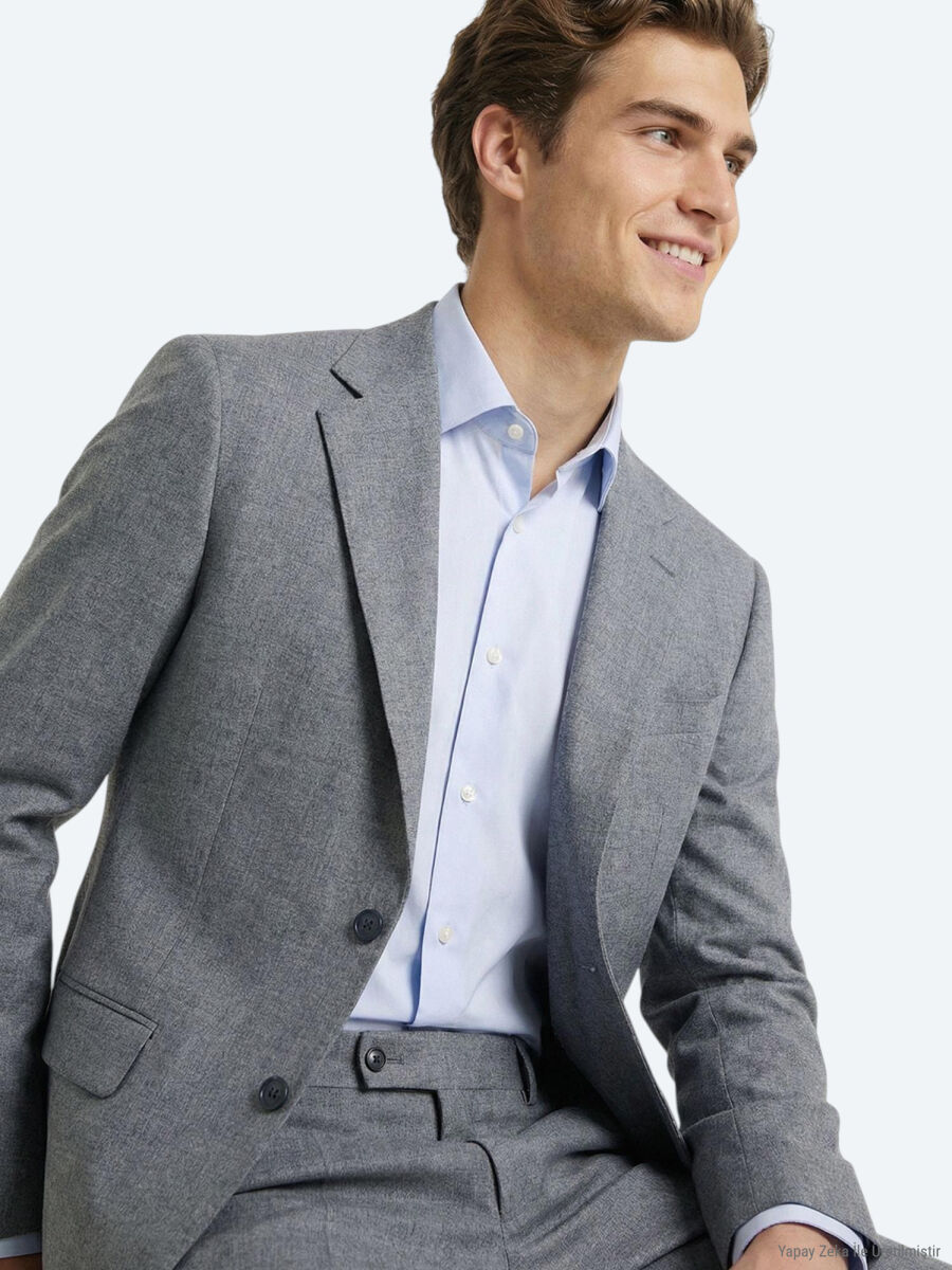 Gri Düz Modern Fit Takım Elbise - 2