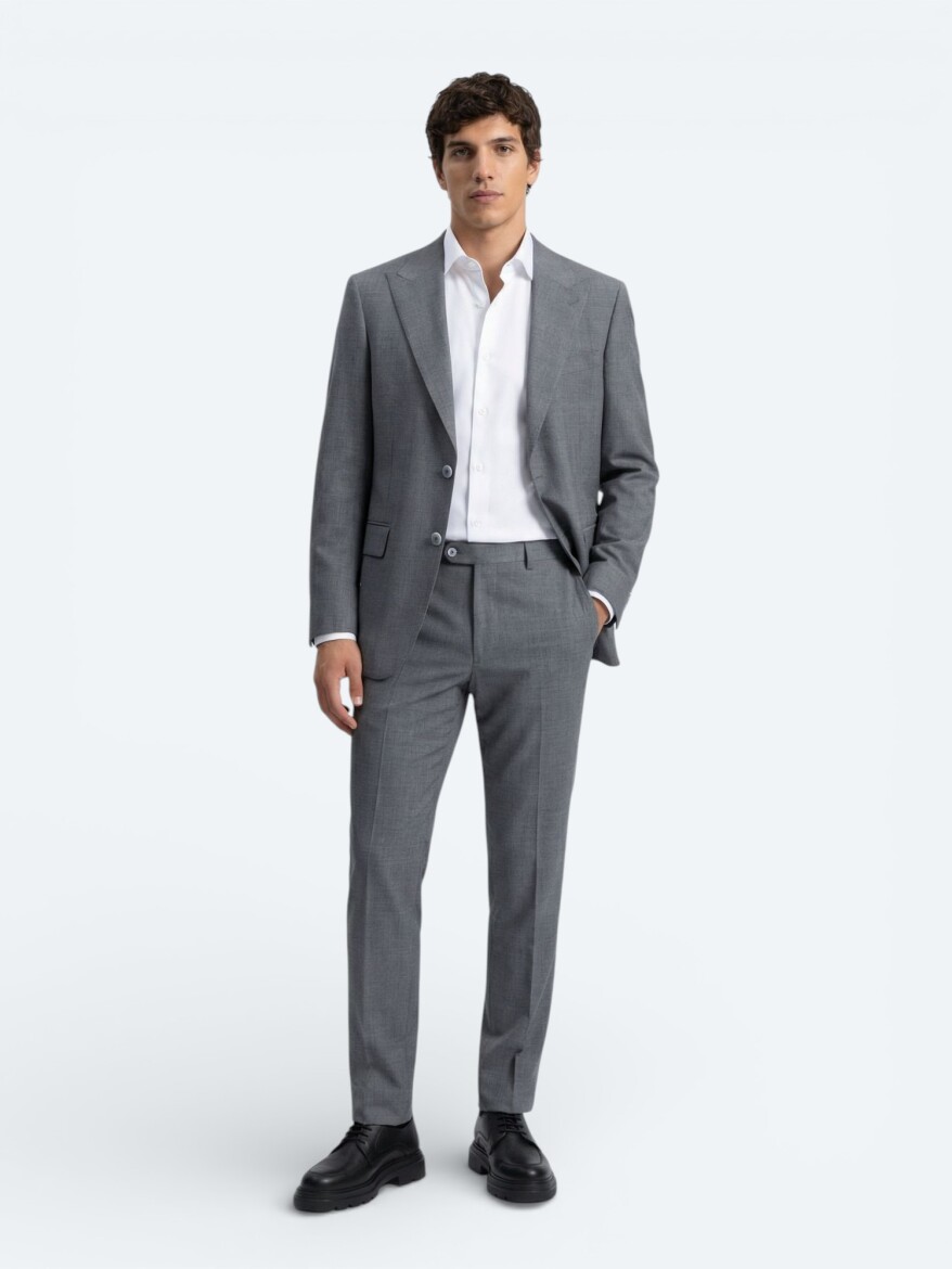 Gri Düz Modern Fit Yün Karışımlı Takım Elbise - KİP