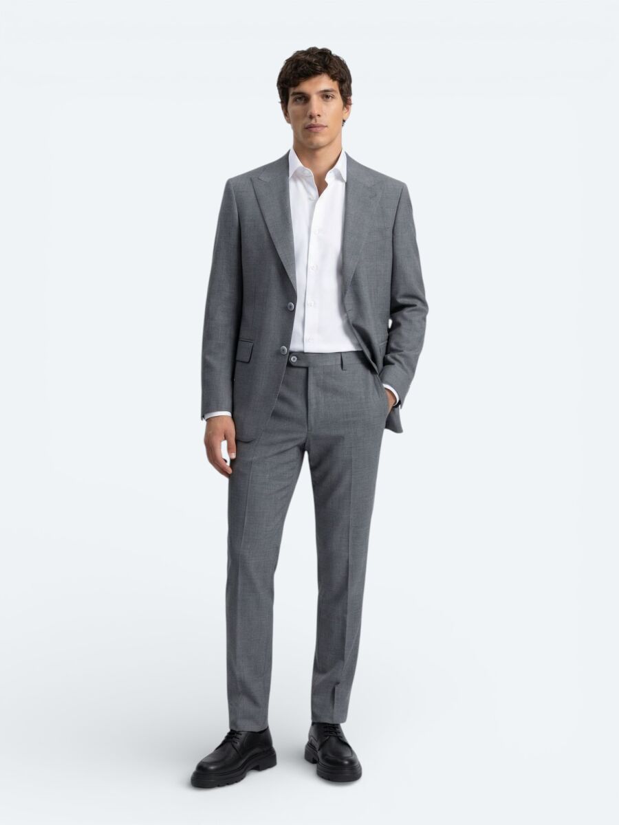 Gri Düz Modern Fit Yün Karışımlı Takım Elbise - 1