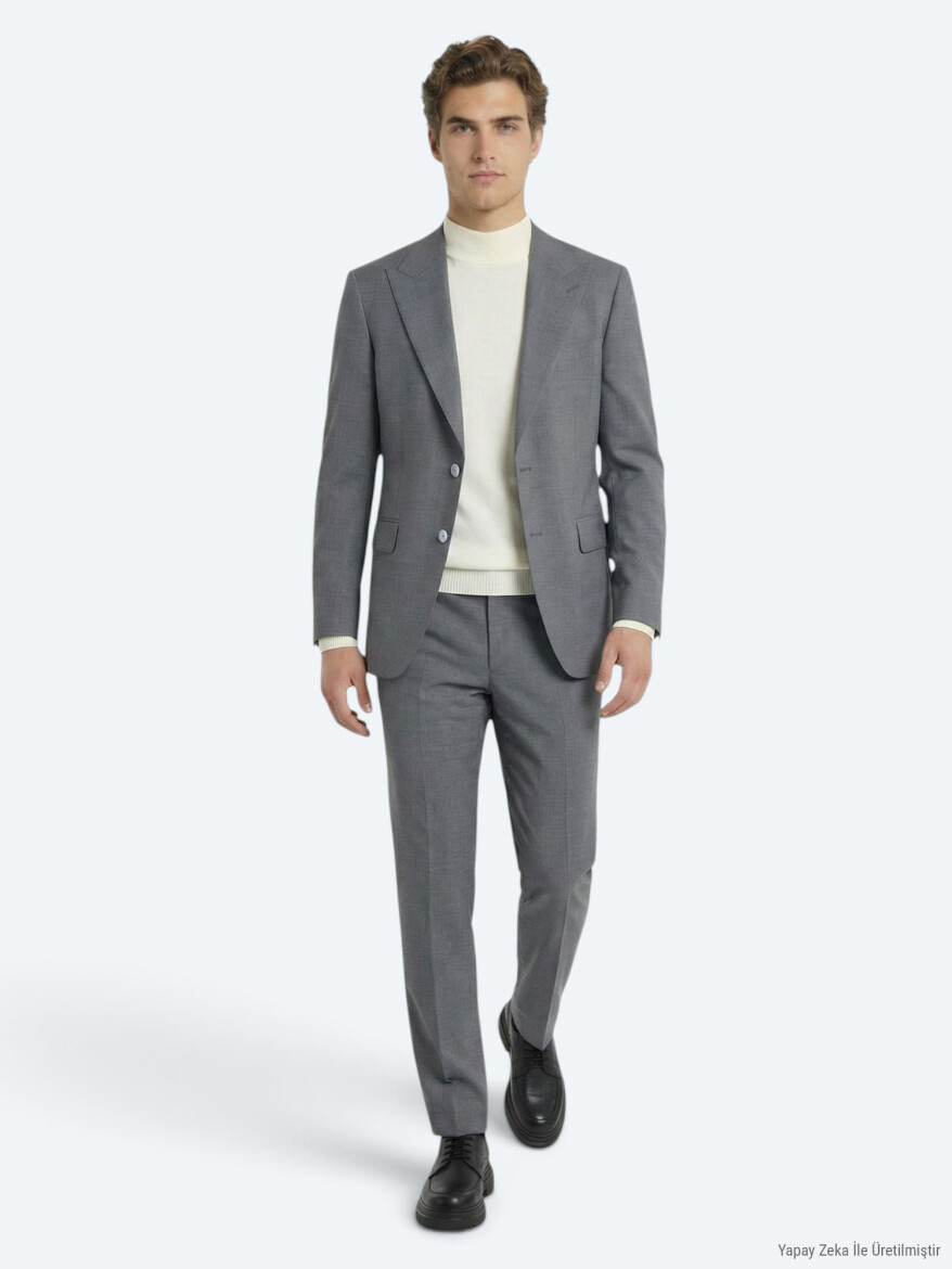 Gri Düz Modern Fit Yün Karışımlı Takım Elbise - KİP