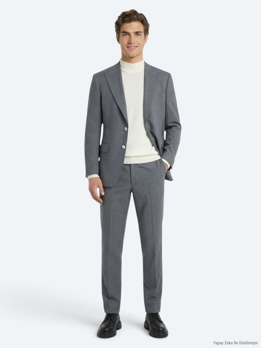 Gri Düz Modern Fit Yün Karışımlı Takım Elbise - KİP