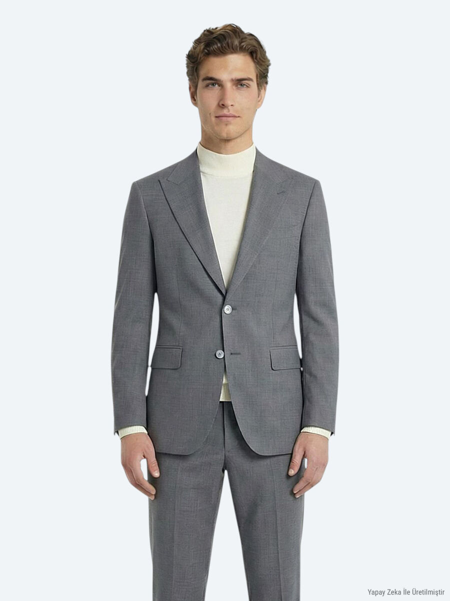 Gri Düz Modern Fit Yün Karışımlı Takım Elbise - 3