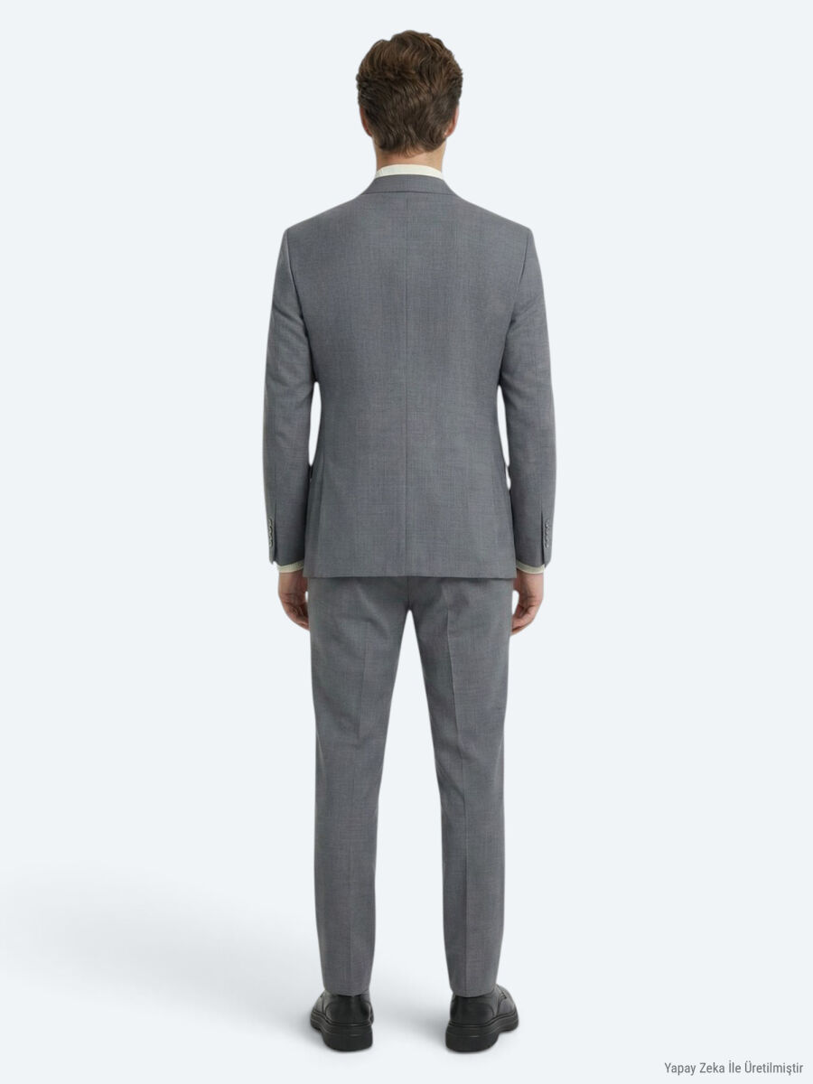 Gri Düz Modern Fit Yün Karışımlı Takım Elbise - 4