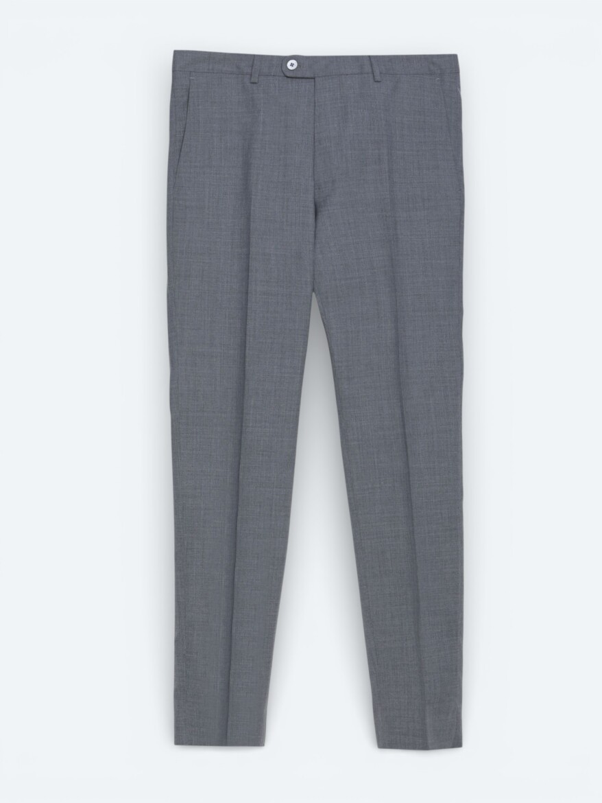 Gri Düz Modern Fit Yün Karışımlı Takım Elbise - 6