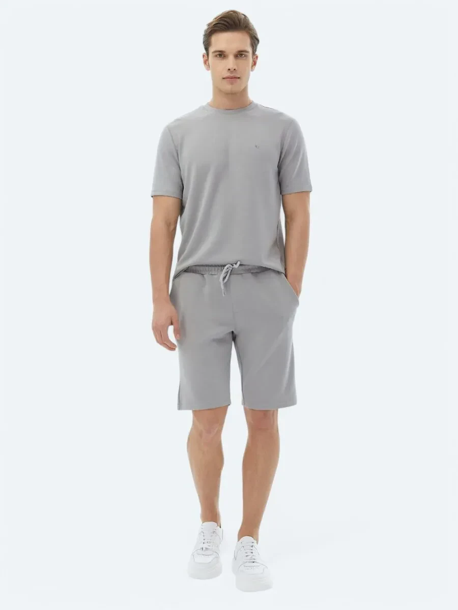 Gri Düz Örme Jogging Fit Casual Bermuda - 1