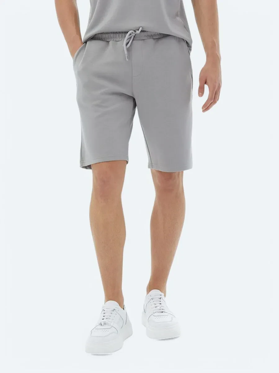 Gri Düz Örme Jogging Fit Casual Bermuda - 2