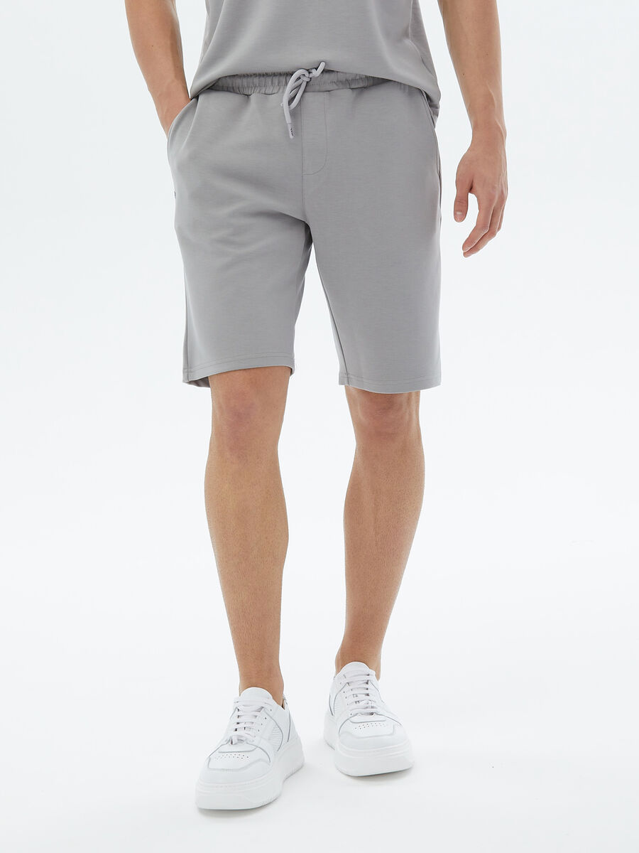 Gri Düz Örme Jogging Fit Casual Bermuda - 2