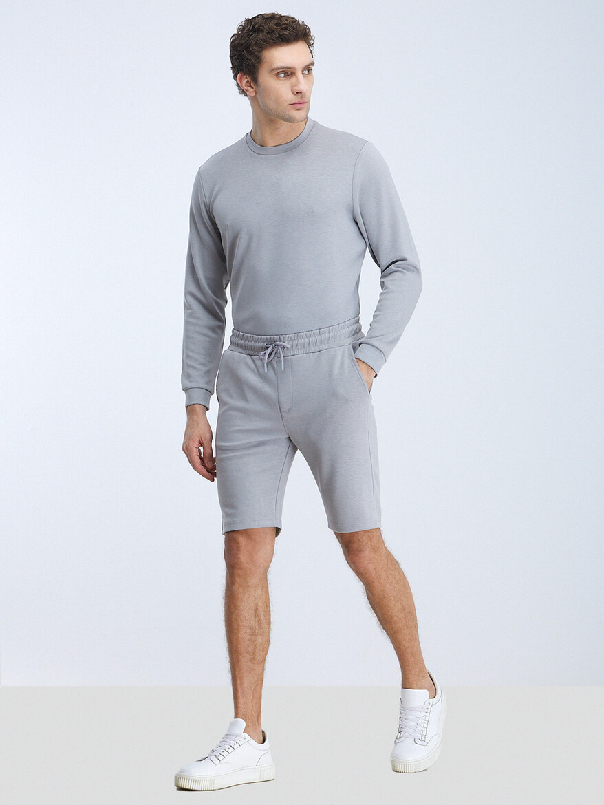 Gri Düz Örme Jogging Fit Spor Bermuda - 2