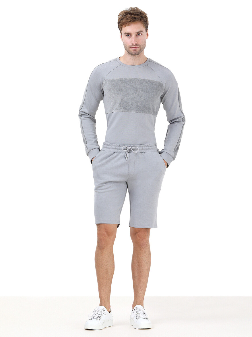 Gri Düz Örme Jogging Fit Spor Bermuda - 2