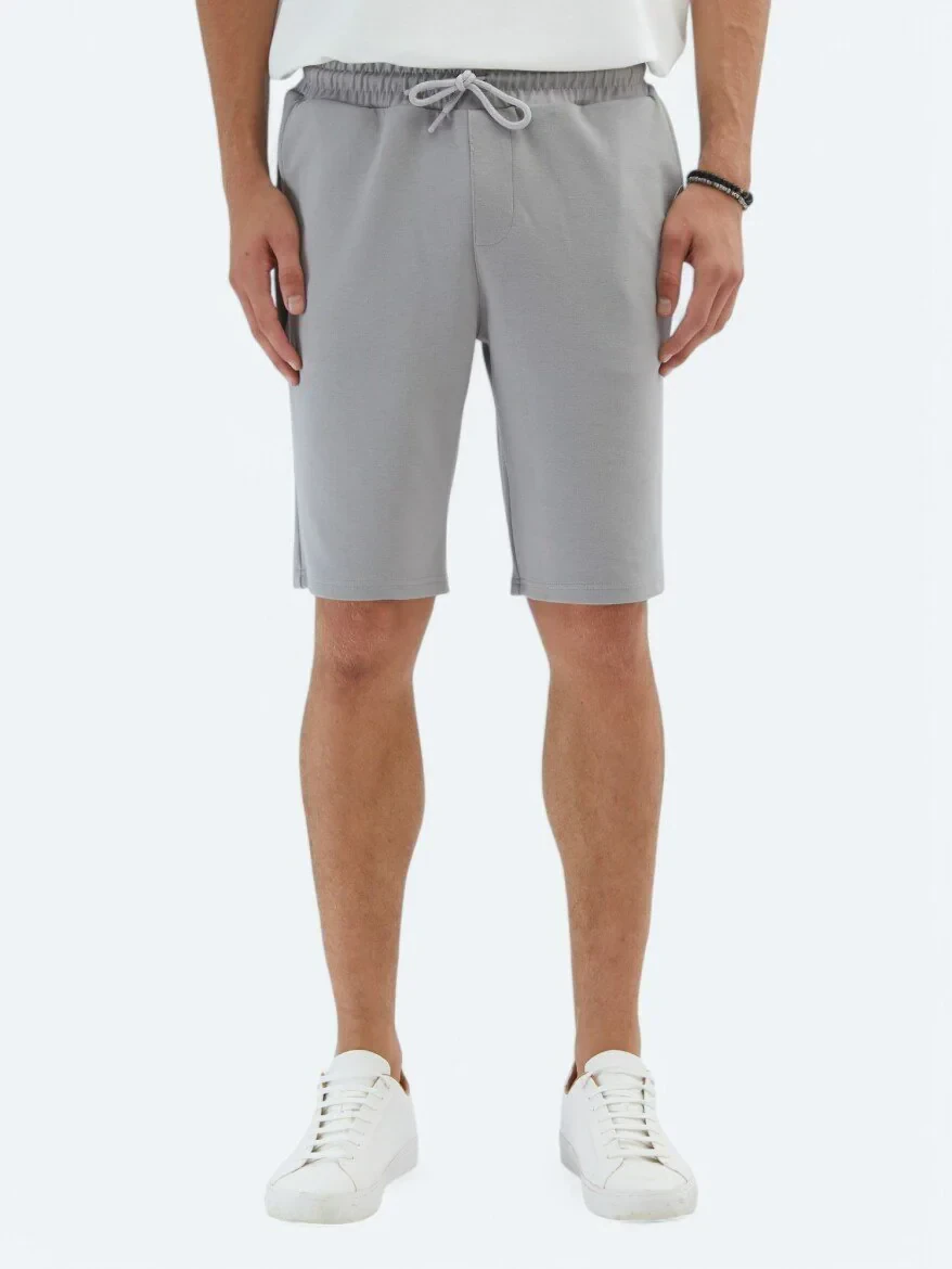 Gri Düz Örme Jogging Fit Spor Bermuda - 2