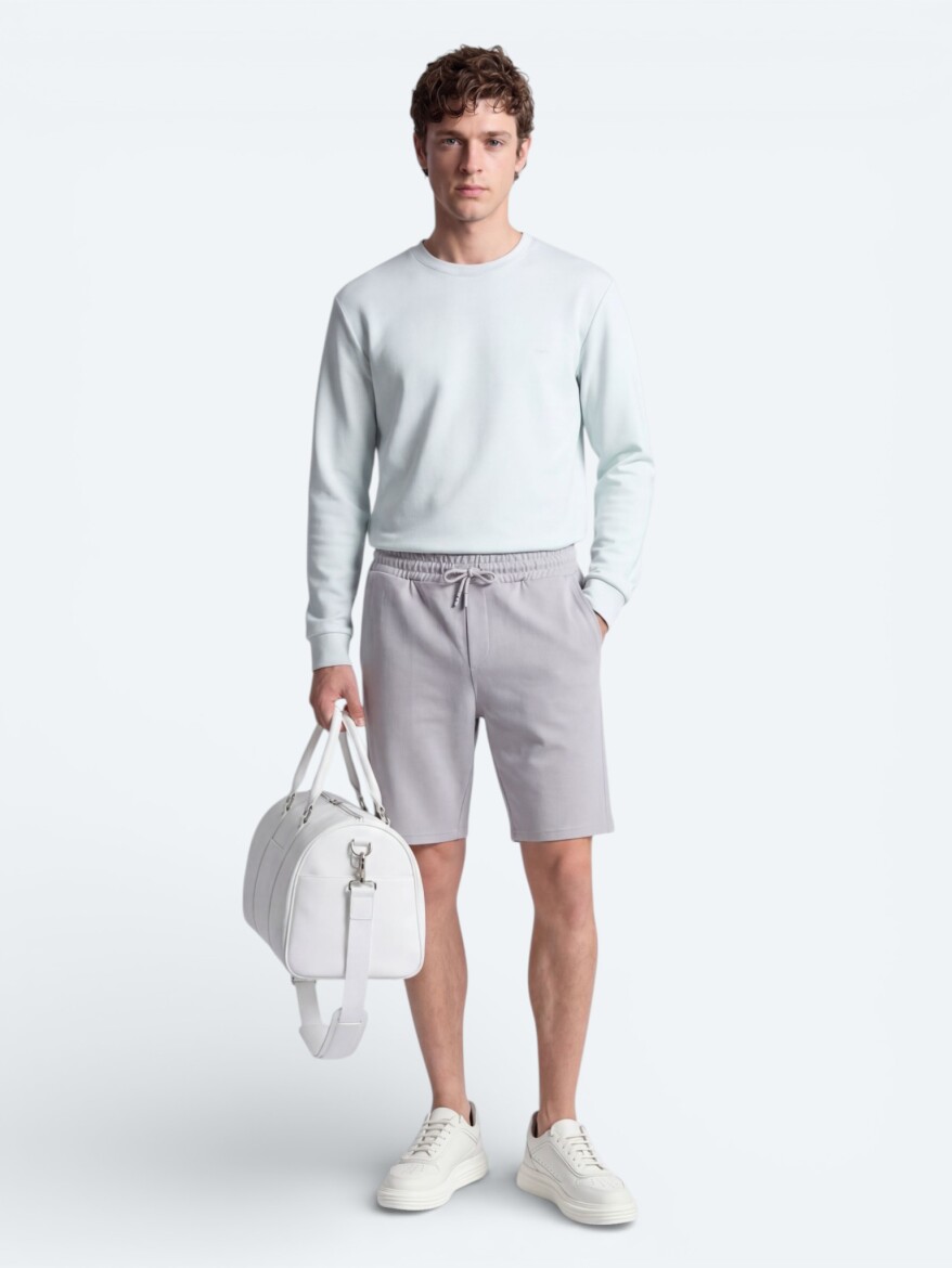 Gri Düz Örme Regular Fit Casual Bermuda - 4