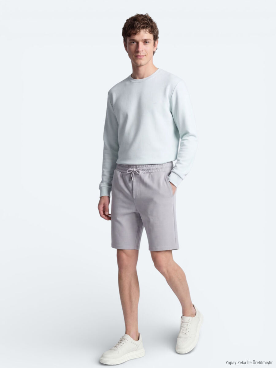 Gri Düz Örme Regular Fit Casual Bermuda - 3
