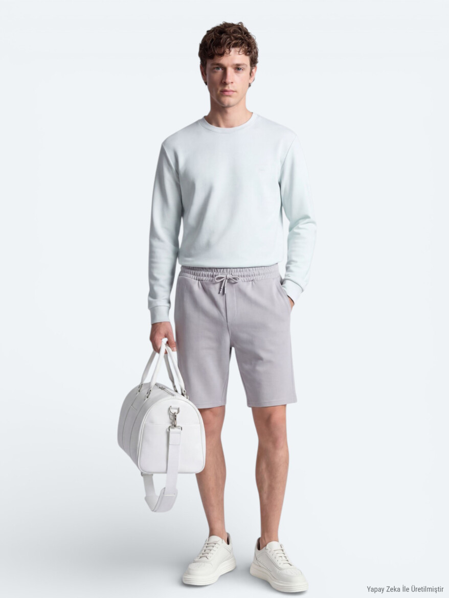 Gri Düz Örme Regular Fit Casual Bermuda - 4