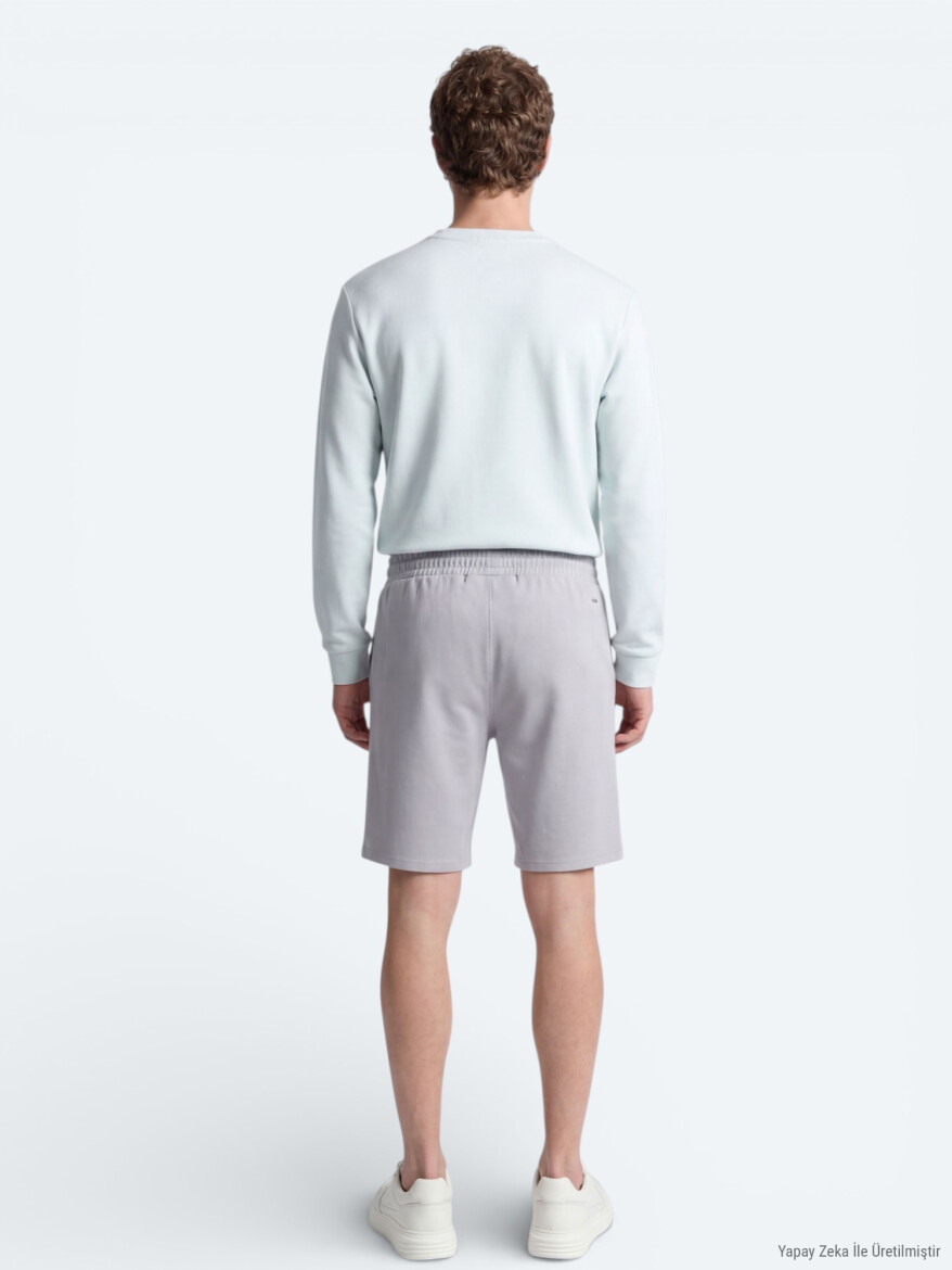 Gri Düz Örme Regular Fit Casual Bermuda - 5