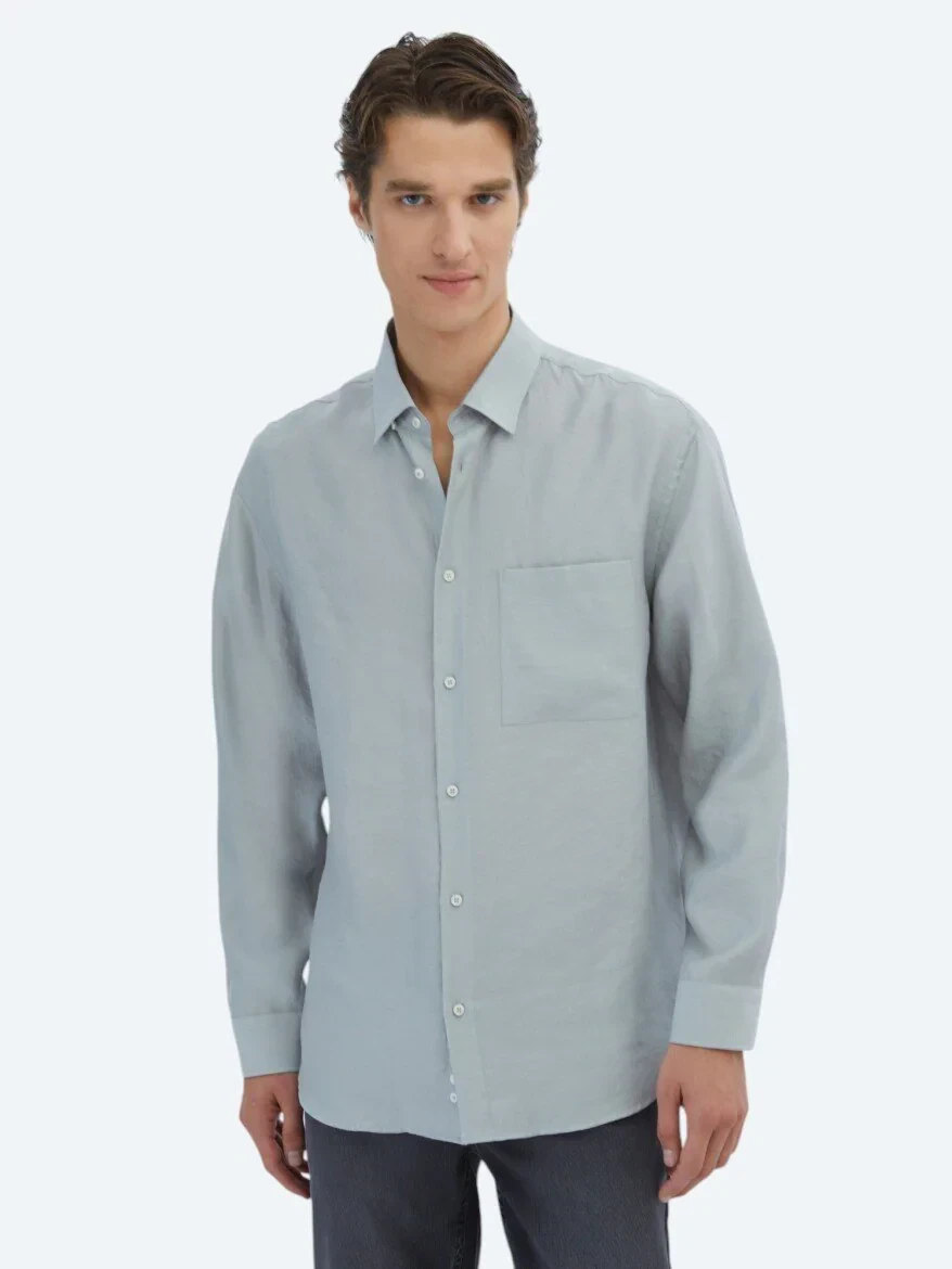 Gri Düz Oversize Fit Dokuma Casual Gömlek - 3