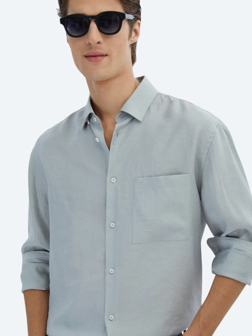 Gri Düz Oversize Fit Dokuma Casual Gömlek 