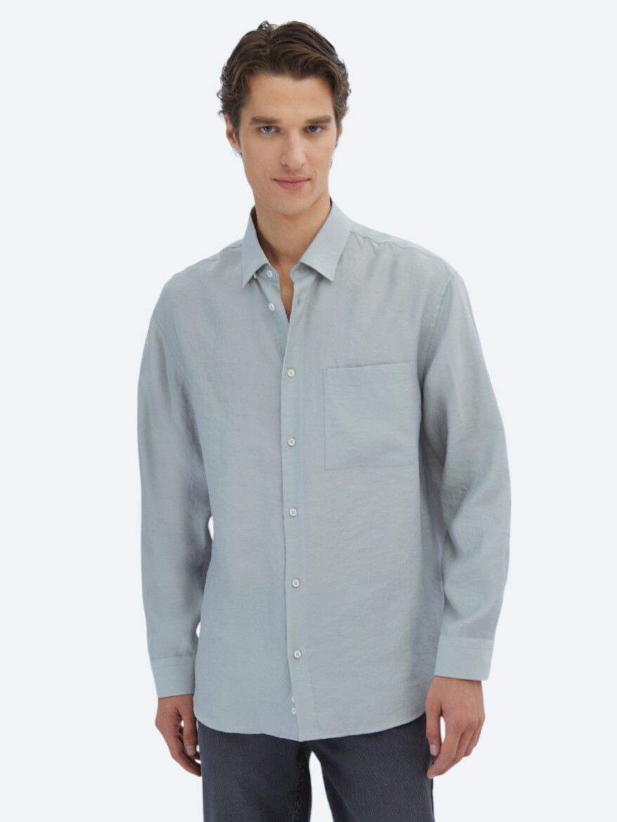 Gri Düz Oversize Fit Uzun Dokuma Casual Gömlek - 3