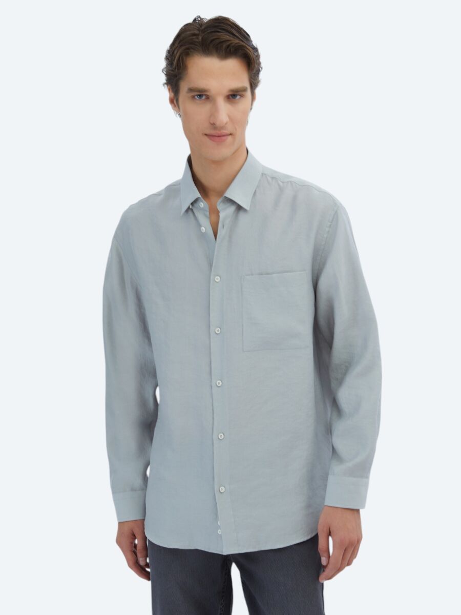 Gri Düz Oversize Fit Uzun Dokuma Casual Gömlek - 3