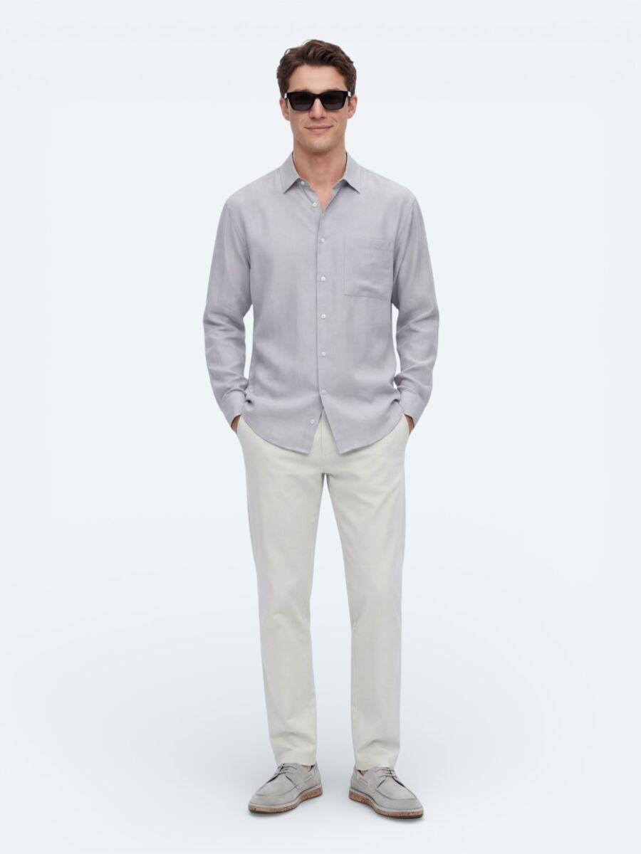 Gri Düz Oversize Fit Uzun Dokuma Casual Gömlek - 3