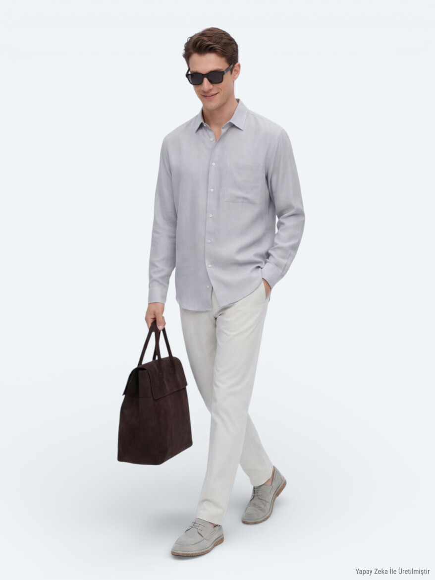 Gri Düz Oversize Fit Dokuma Casual Gömlek - KİP