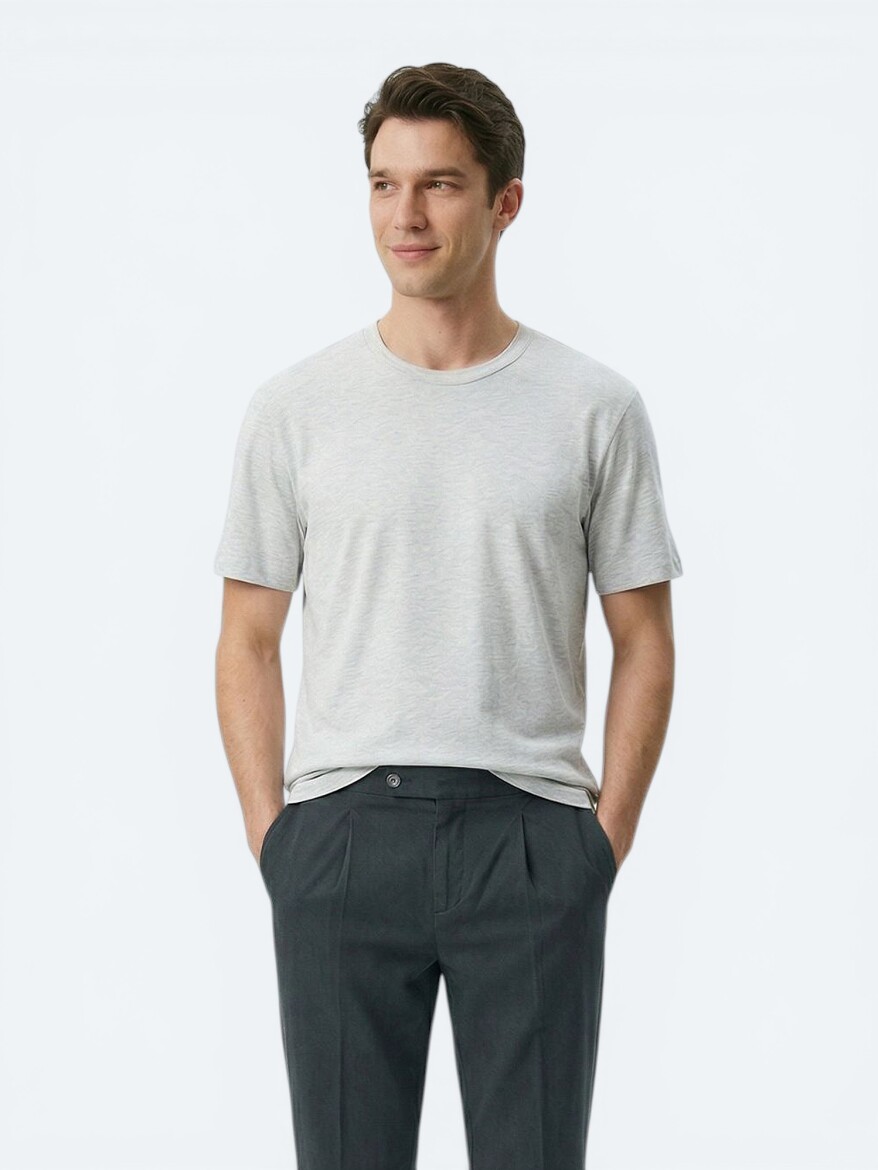 Gri Düz Pamuk Karışımlı T-Shirt - 4