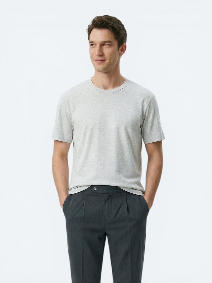 Gri Düz Pamuk Karışımlı T-Shirt - 4