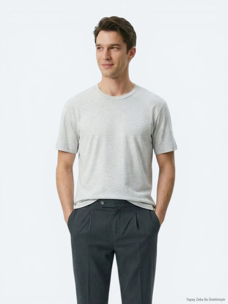 Gri Düz Pamuk Karışımlı T-Shirt - 4