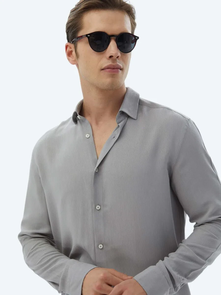 Gri Düz Regular Fit Dokuma Casual Gömlek - 3