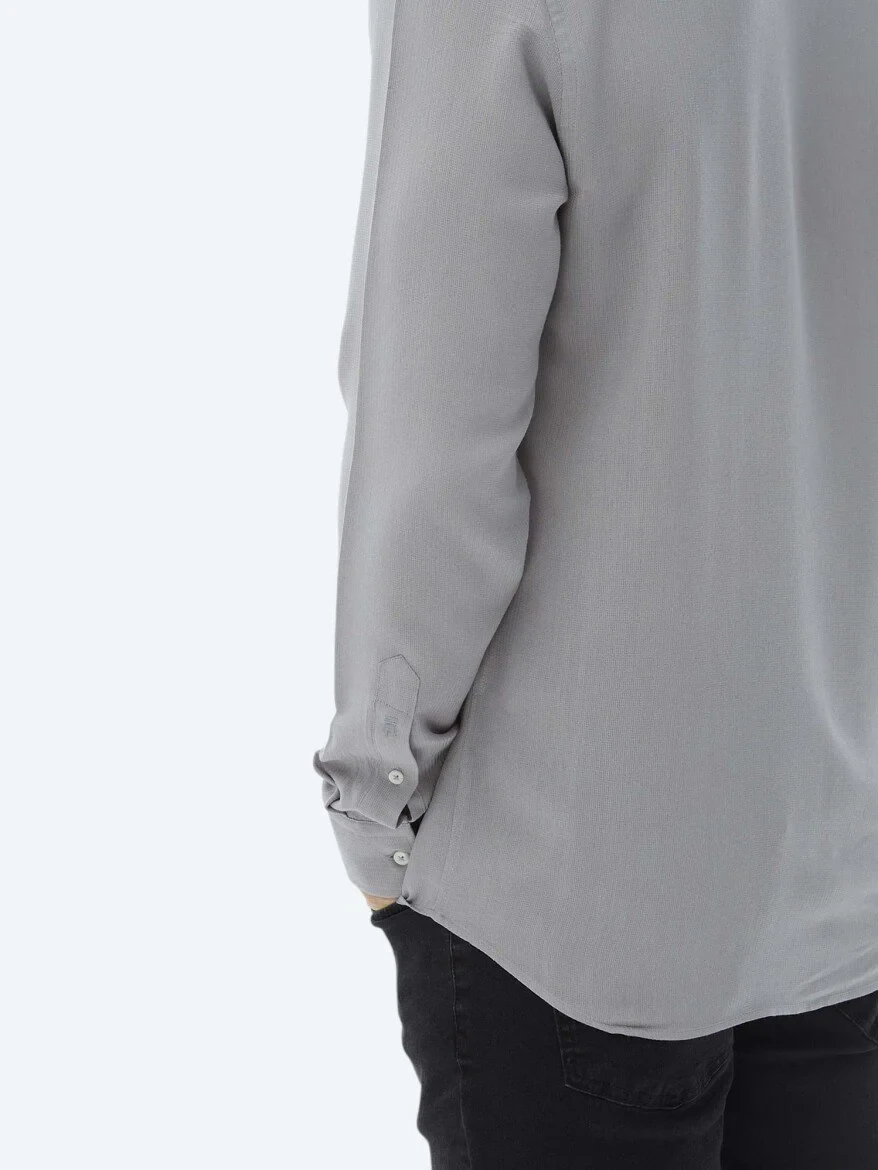 Gri Düz Regular Fit Dokuma Casual Gömlek - 8