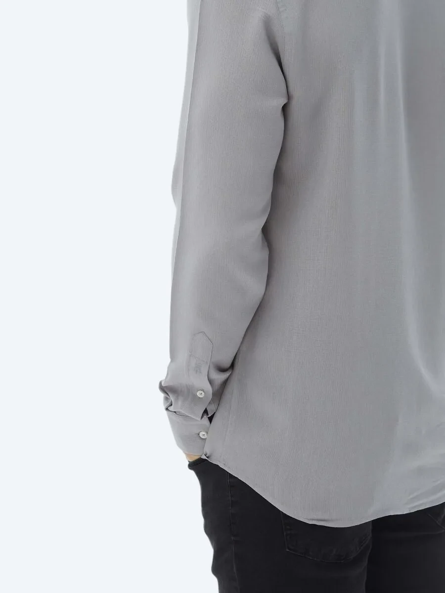 Gri Düz Regular Fit Dokuma Casual Gömlek - 8