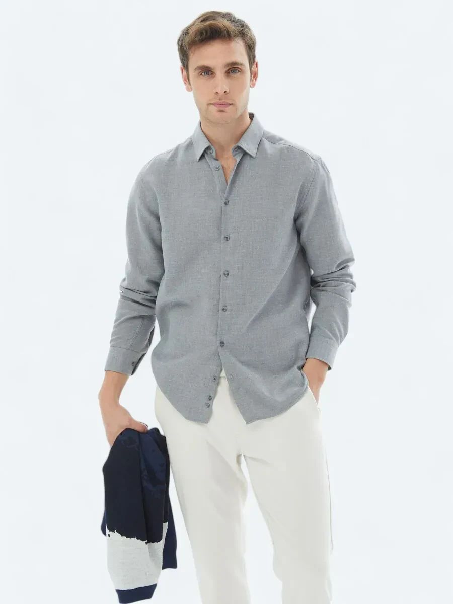 Gri Düz Regular Fit Dokuma Casual Pamuk Karışımlı Gömlek - 1