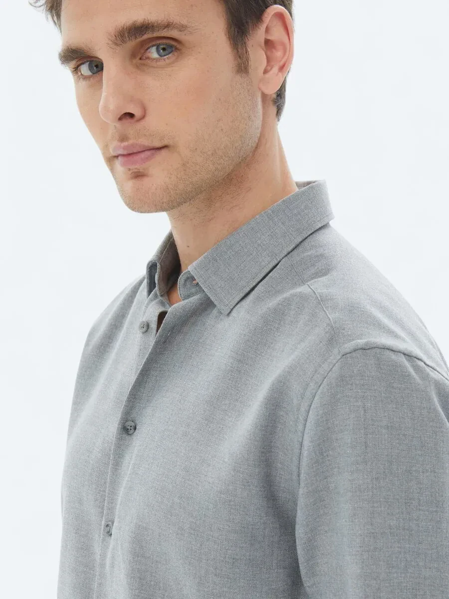 Gri Düz Regular Fit Dokuma Casual Pamuk Karışımlı Gömlek - 5