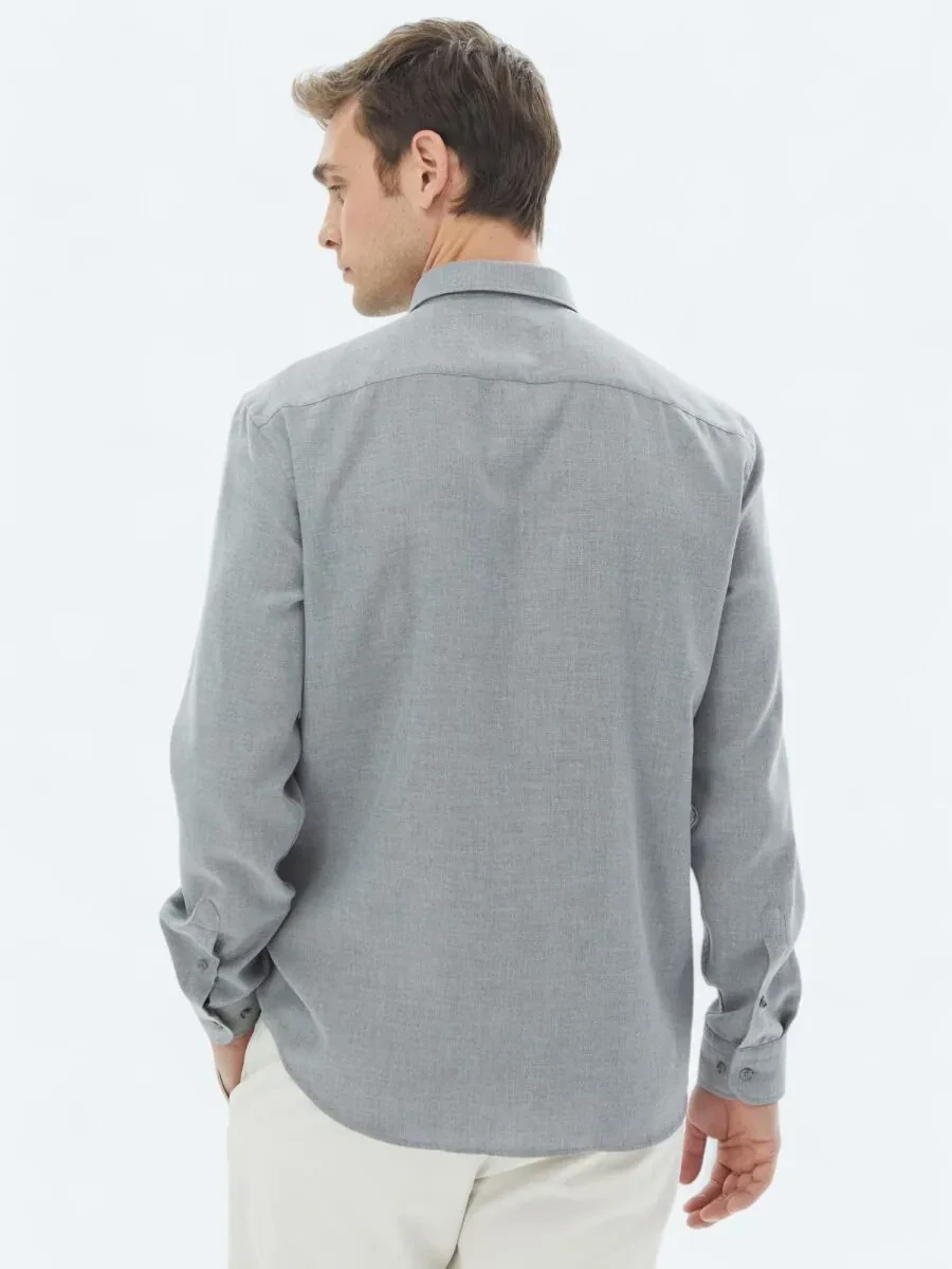 Gri Düz Regular Fit Dokuma Casual Pamuk Karışımlı Gömlek - 6