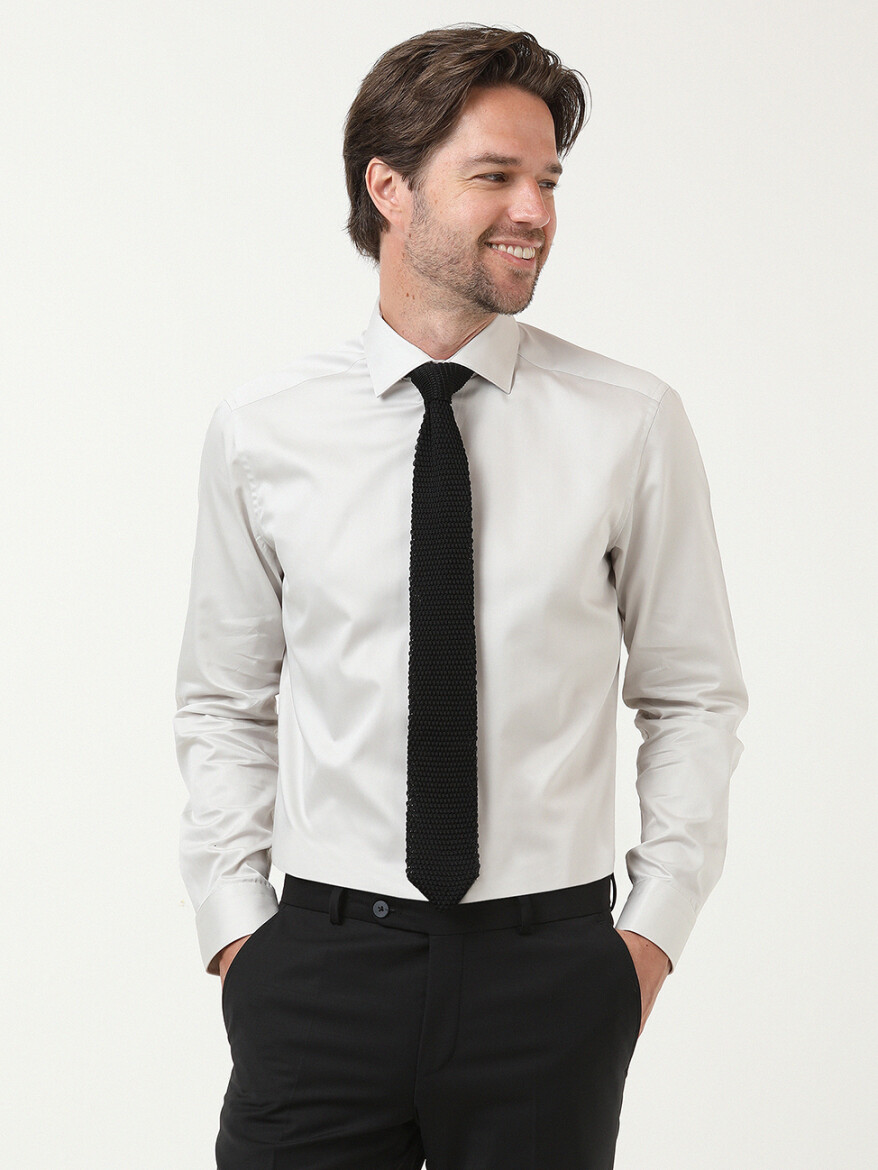 Gri Düz Regular Fit Dokuma Klasik %100 Pamuk Gömlek - KİP