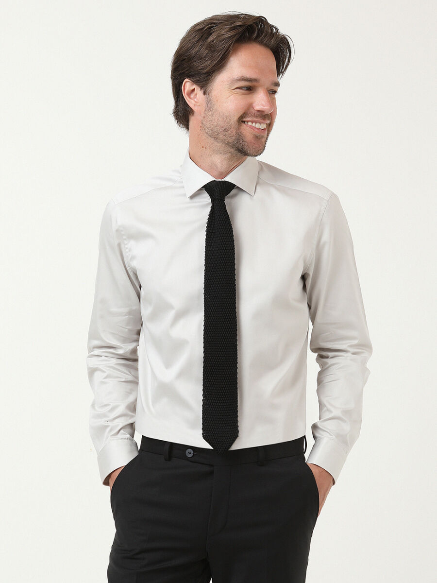 Gri Düz Regular Fit Dokuma Klasik %100 Pamuk Gömlek - 1