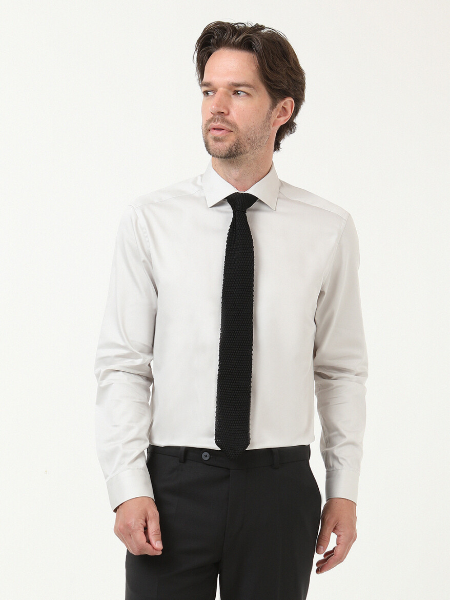 Gri Düz Regular Fit Dokuma Klasik %100 Pamuk Gömlek - 3