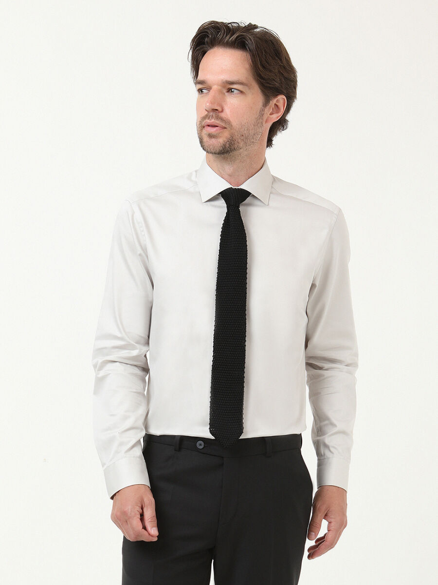 Gri Düz Regular Fit Dokuma Klasik %100 Pamuk Gömlek - 3