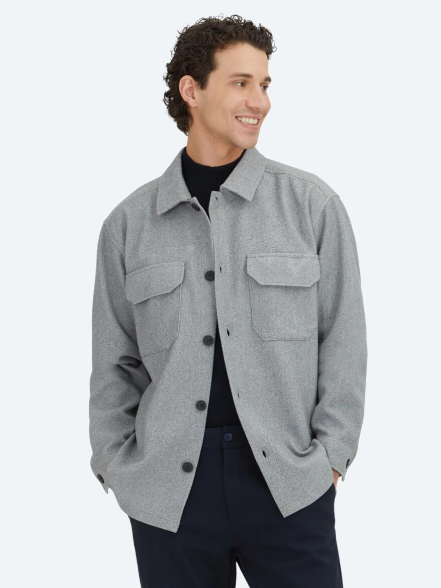 Gri Düz Regular Fit Dokuma Overshırt - 3